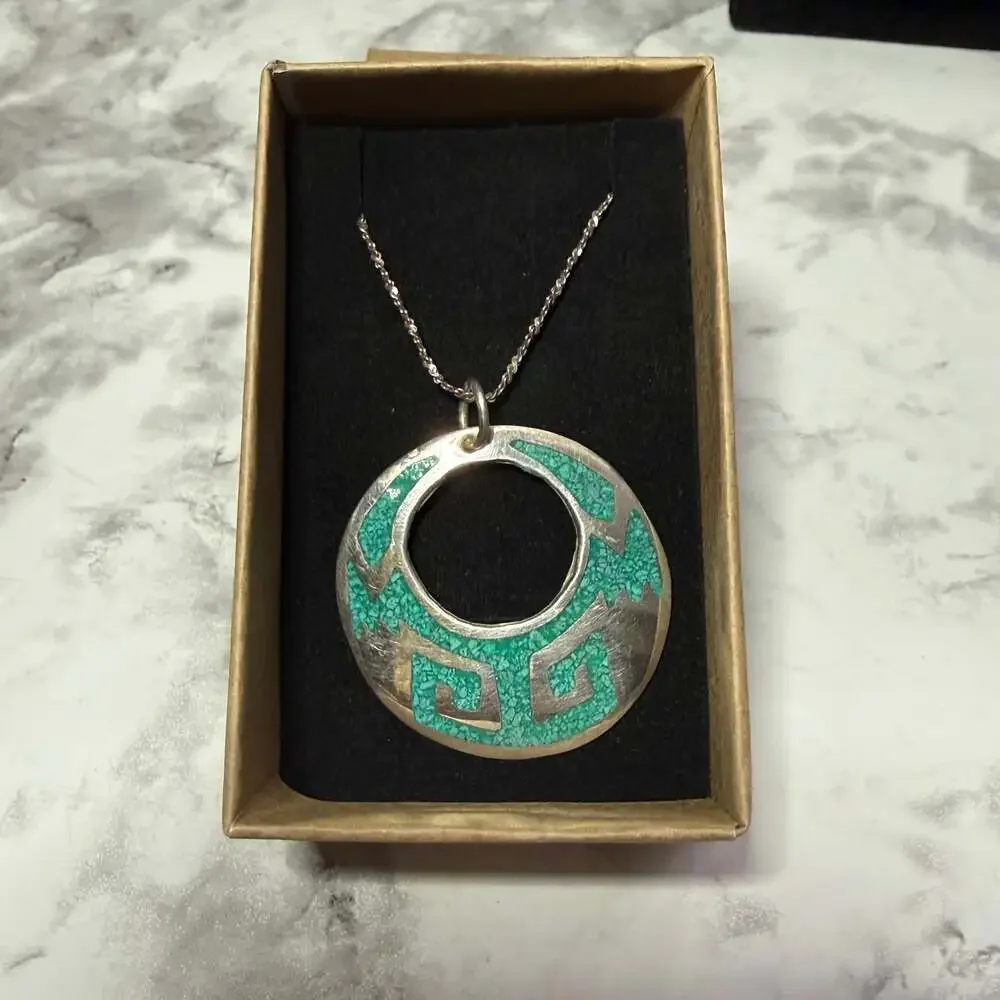 Vintage Taxco Mexico 925 Sterling Silver Turquoise Chip Inlay Aztec Greek Key Ge